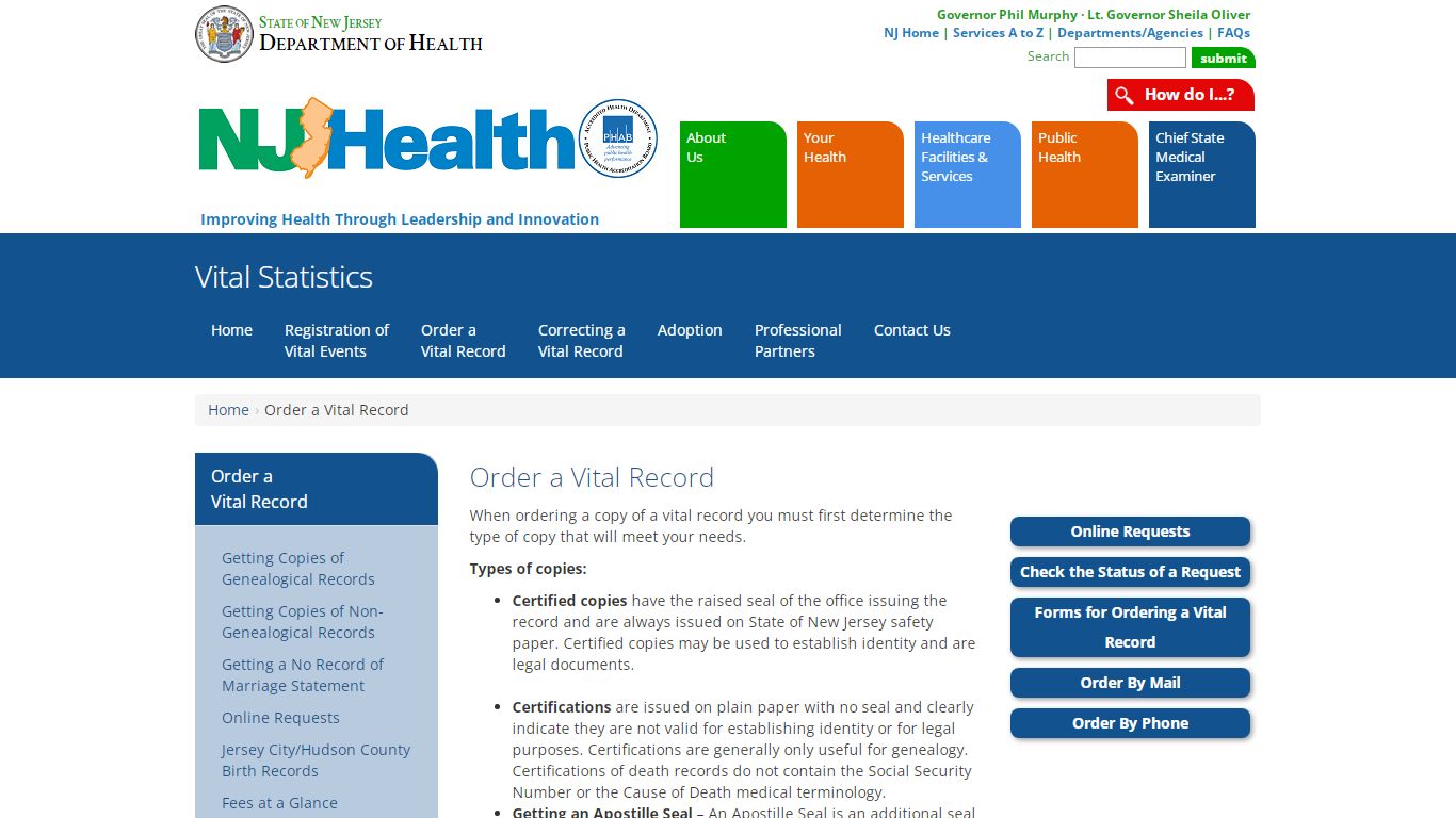 Department of Health | Vital Statistics | Order a Vital Record